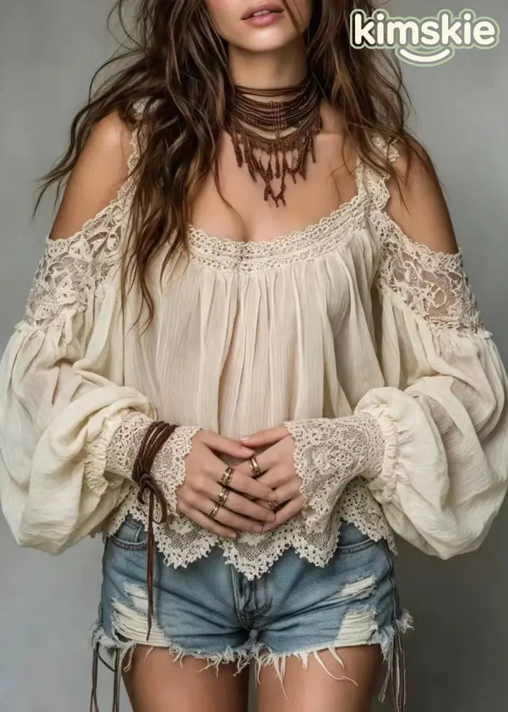 Loose Beige Cold Shoulder Lace Patchwork Top Puff Sleeve