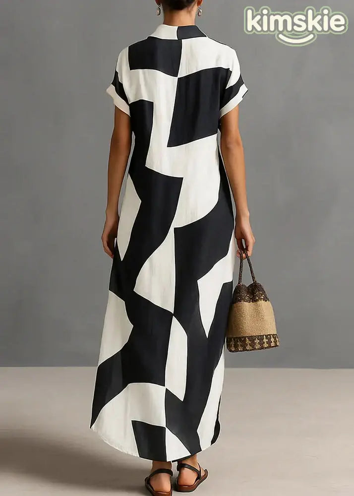 Loose Black Peter Pan Collar Geometric Print Cotton Dress Summer