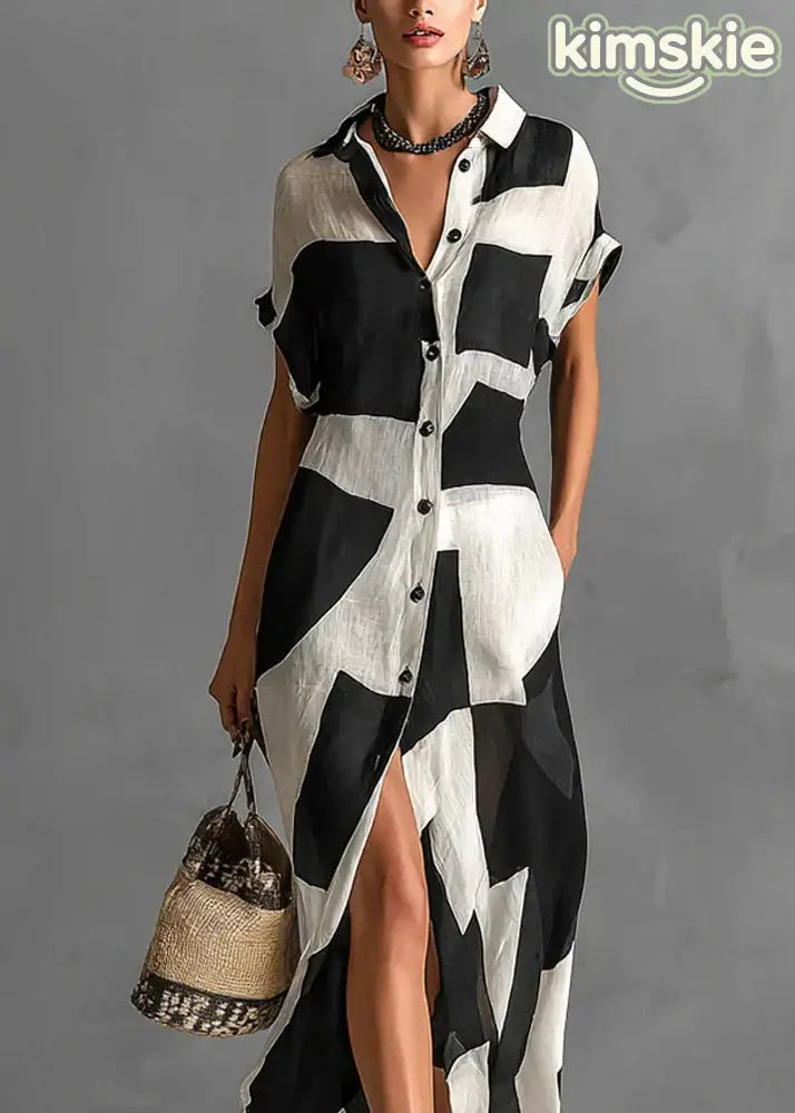 Loose Black Peter Pan Collar Geometric Print Cotton Dress Summer