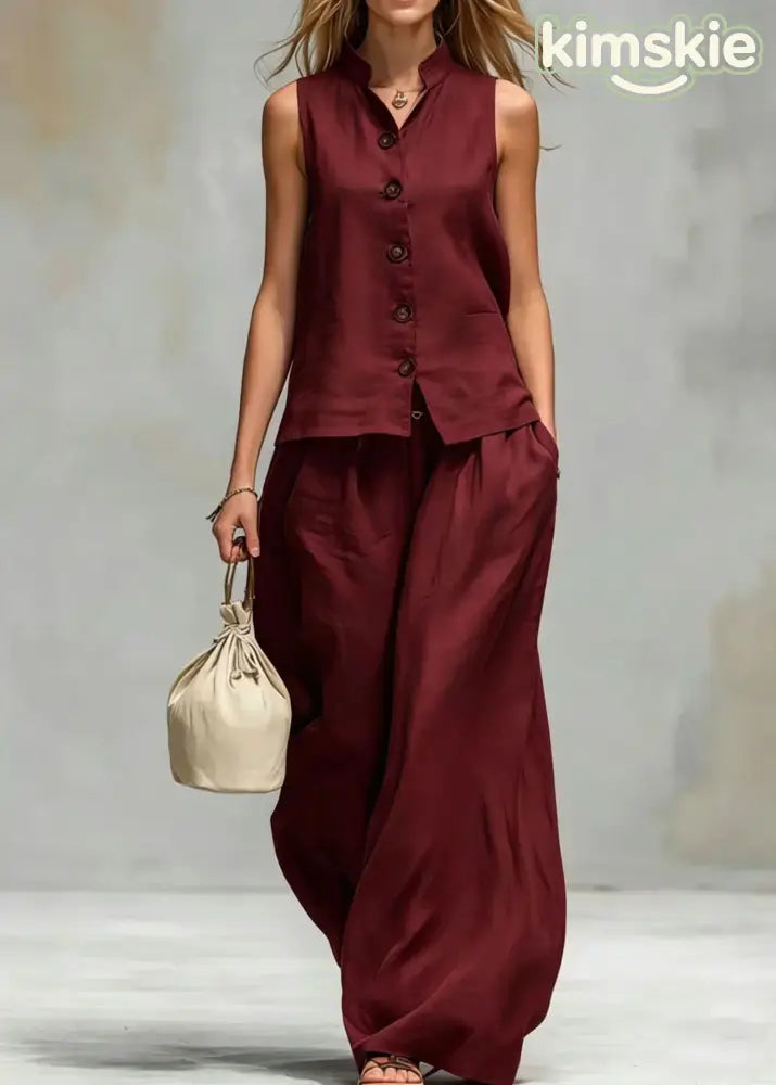 Loose Brown V Neck Top And Pants Cotton 2 Piece Outfit Sleeveless