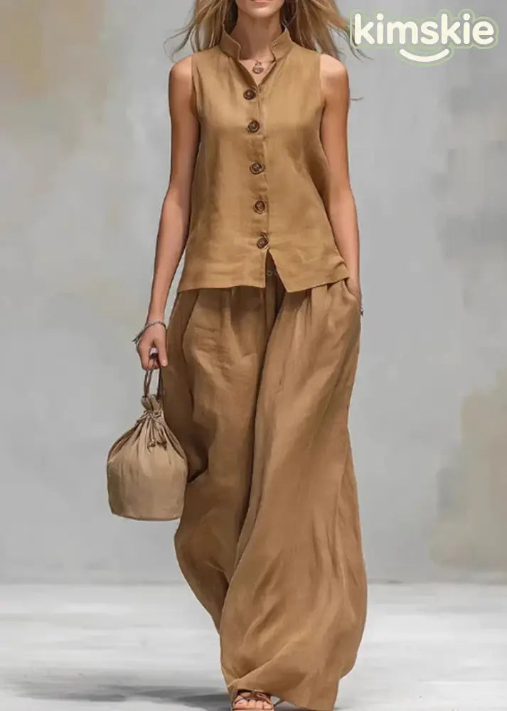 Loose Brown V Neck Top And Pants Cotton 2 Piece Outfit Sleeveless