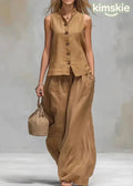Loose Brown V Neck Top And Pants Cotton 2 Piece Outfit Sleeveless