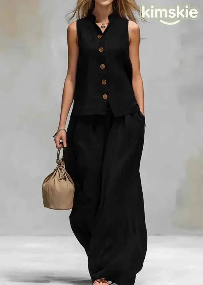Loose Brown V Neck Top And Pants Cotton 2 Piece Outfit Sleeveless