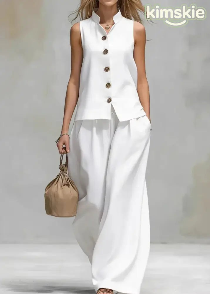 Loose Brown V Neck Top And Pants Cotton 2 Piece Outfit Sleeveless