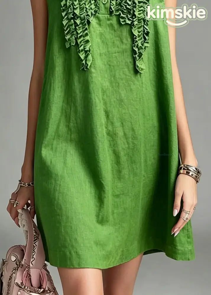Loose Green O-Neck Patchwork Vacation Mid Dress Summer