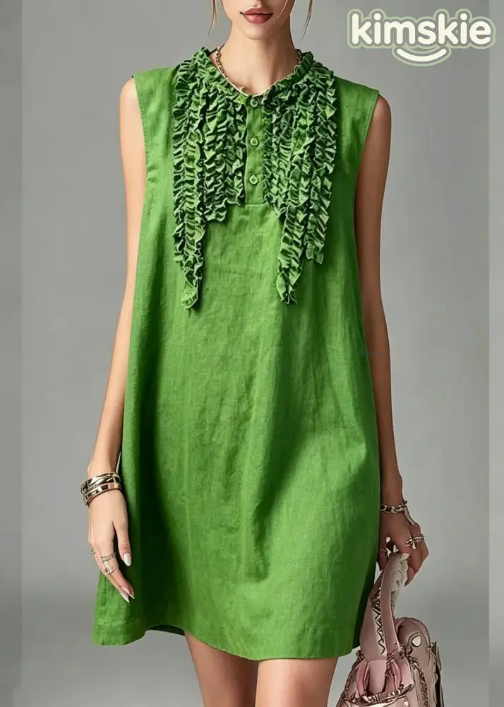 Loose Green O-Neck Patchwork Vacation Mid Dress Summer