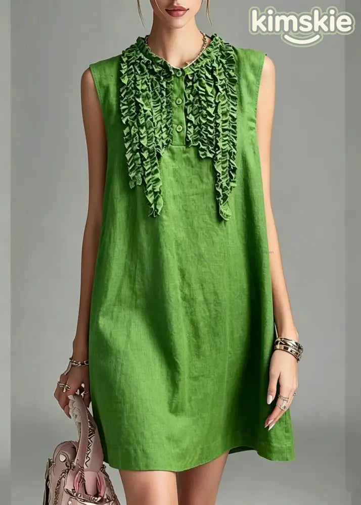 Loose Green O-Neck Patchwork Vacation Mid Dress Summer