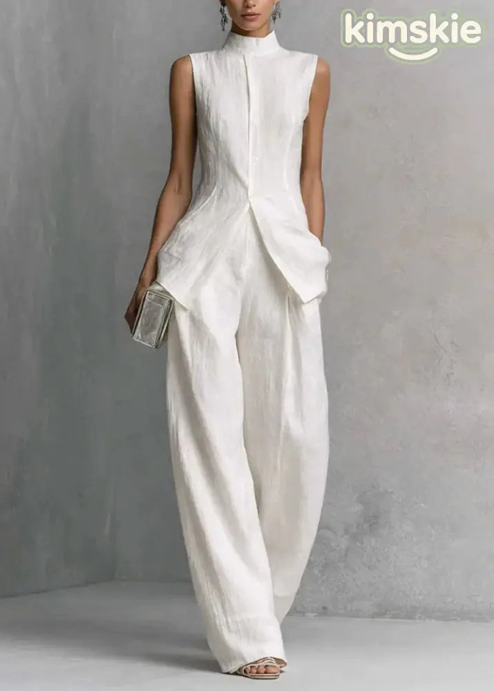 Loose White Top And Pants Cotton Two Piece Set Sleeveless