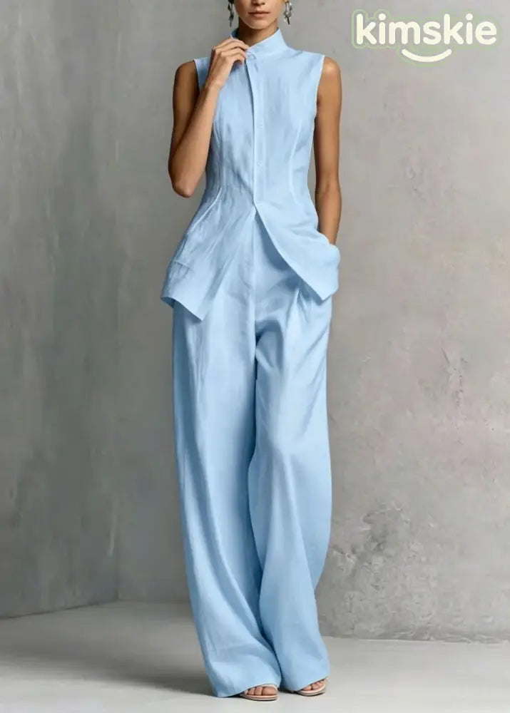 Loose White Top And Pants Cotton Two Piece Set Sleeveless