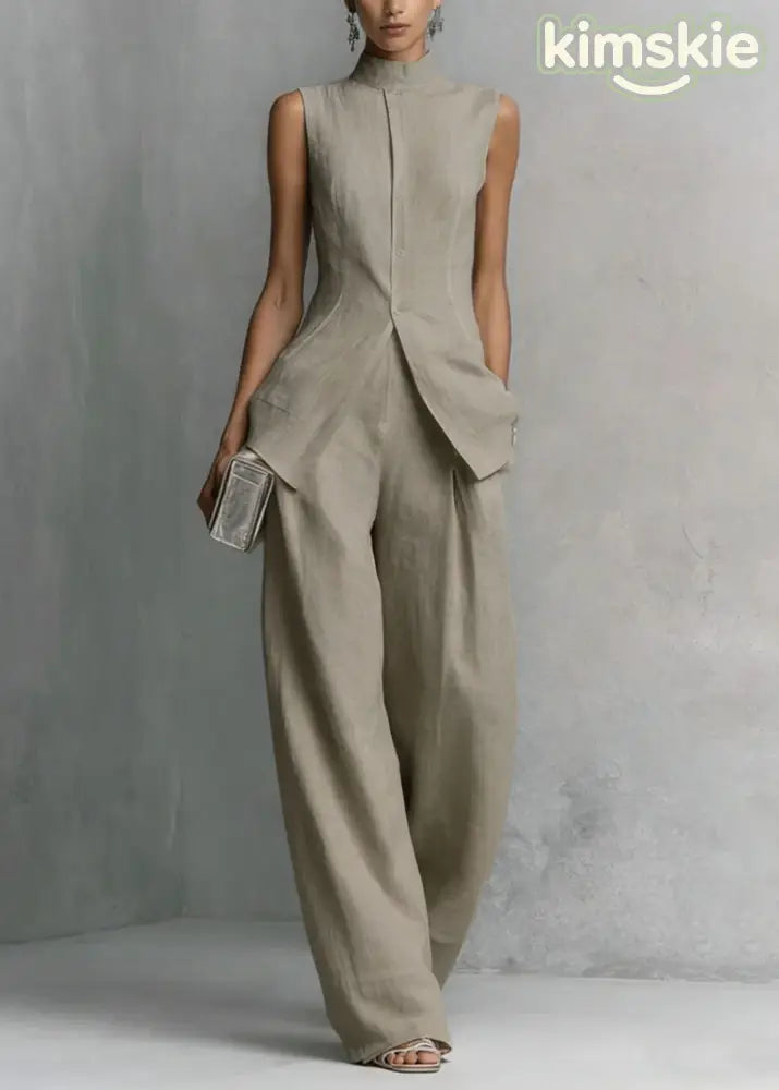 Loose White Top And Pants Cotton Two Piece Set Sleeveless