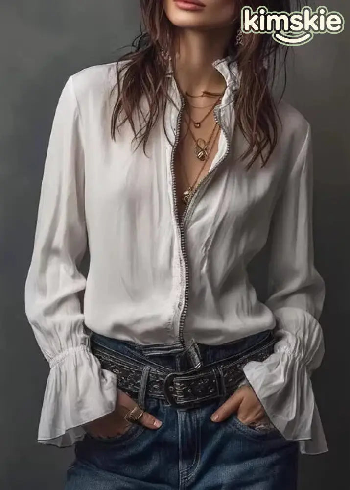 Modern White Zippered Stand Collar Chiffon Top Long Sleeve