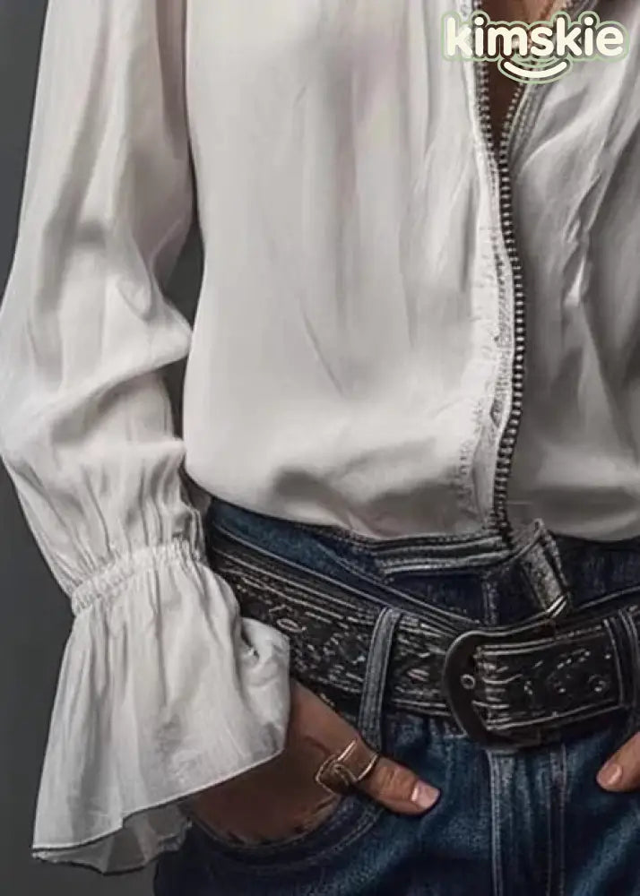 Modern White Zippered Stand Collar Chiffon Top Long Sleeve