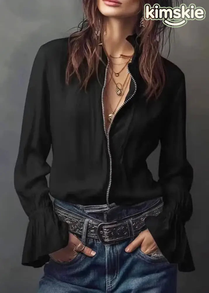 Modern White Zippered Stand Collar Chiffon Top Long Sleeve