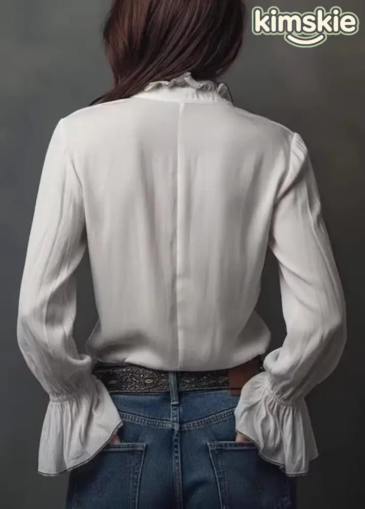 Modern White Zippered Stand Collar Chiffon Top Long Sleeve
