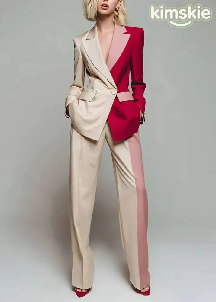 New Color Blocked Long Sleeved Suit Coat And Wide Leg Pants Set