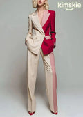 New Color Blocked Long Sleeved Suit Coat And Wide Leg Pants Set