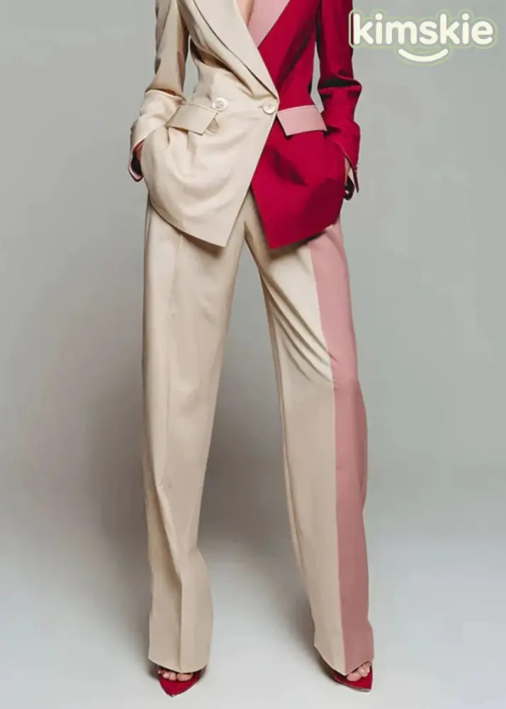 New Color Blocked Long Sleeved Suit Coat And Wide Leg Pants Set