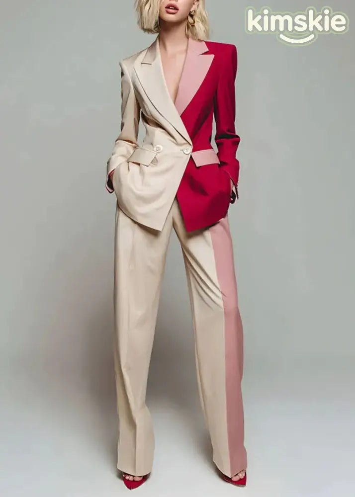 New Color Blocked Long Sleeved Suit Coat And Wide Leg Pants Set