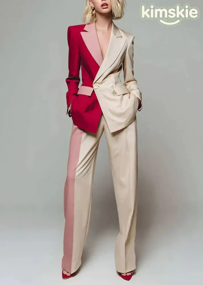 New Color Blocked Long Sleeved Suit Coat And Wide Leg Pants Set