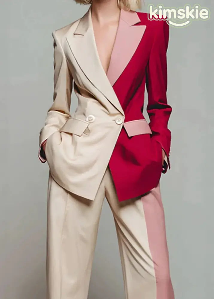 New Color Blocked Long Sleeved Suit Coat And Wide Leg Pants Set