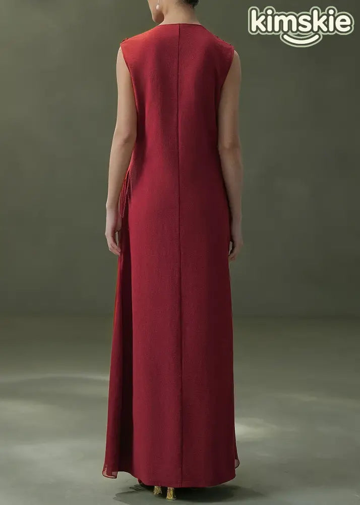 New Mulberry V Neck Ruffled Patchwork Silk Dress Sleeveless