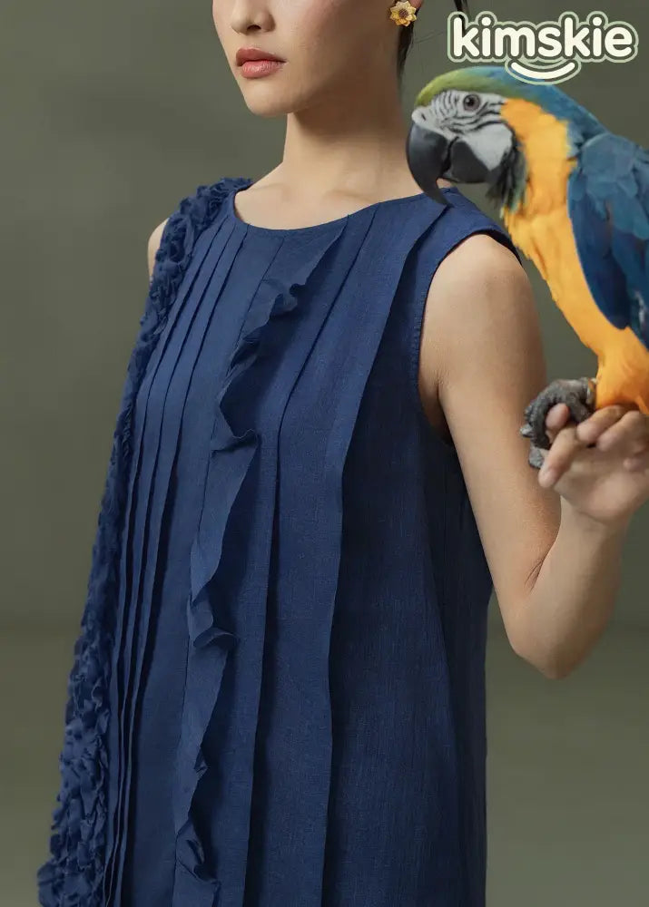 New Navy O Neck Ruffled Patchwork Linen Ankle Dress Sleeveless