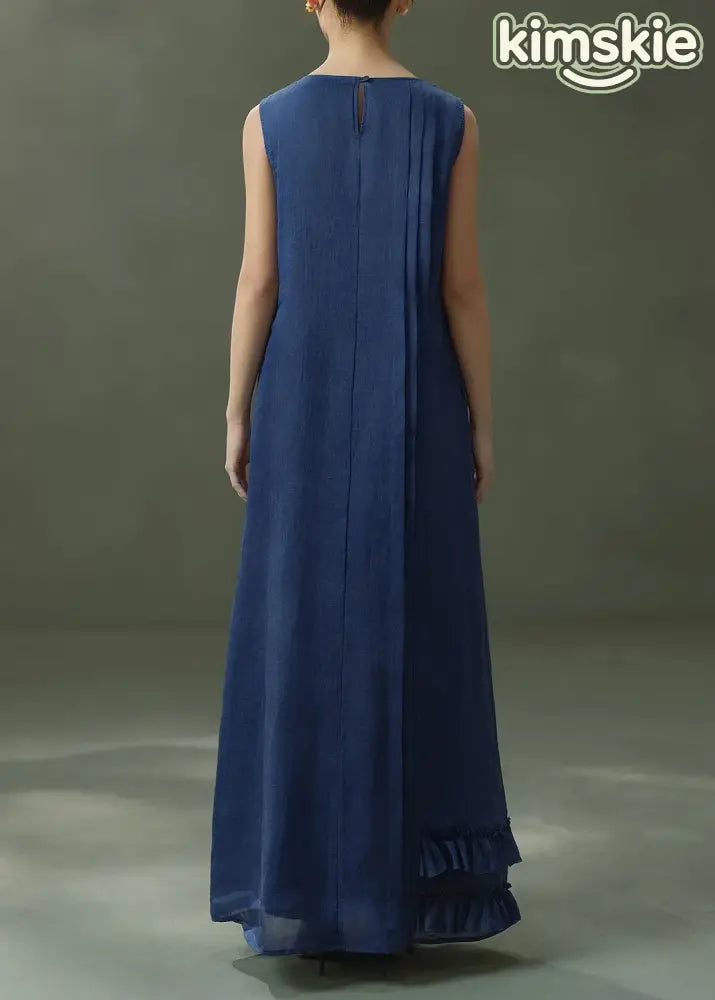 New Navy O Neck Ruffled Patchwork Linen Ankle Dress Sleeveless