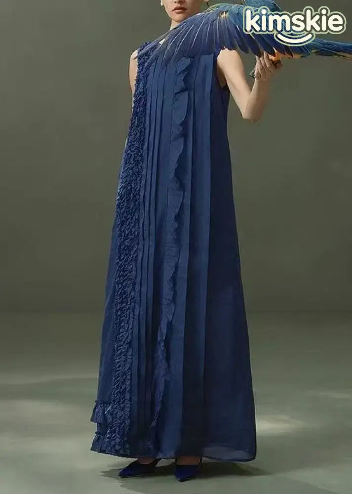 New Navy O Neck Ruffled Patchwork Linen Ankle Dress Sleeveless