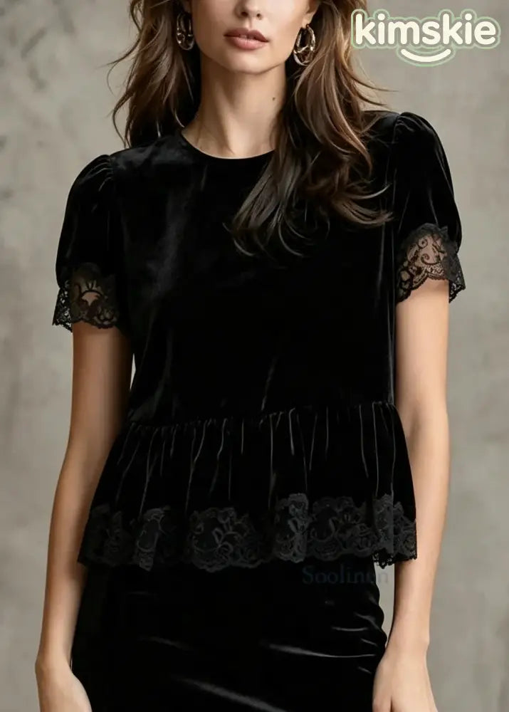 Organic Black Oversized Patchwork Silk Velour Blouses Summer