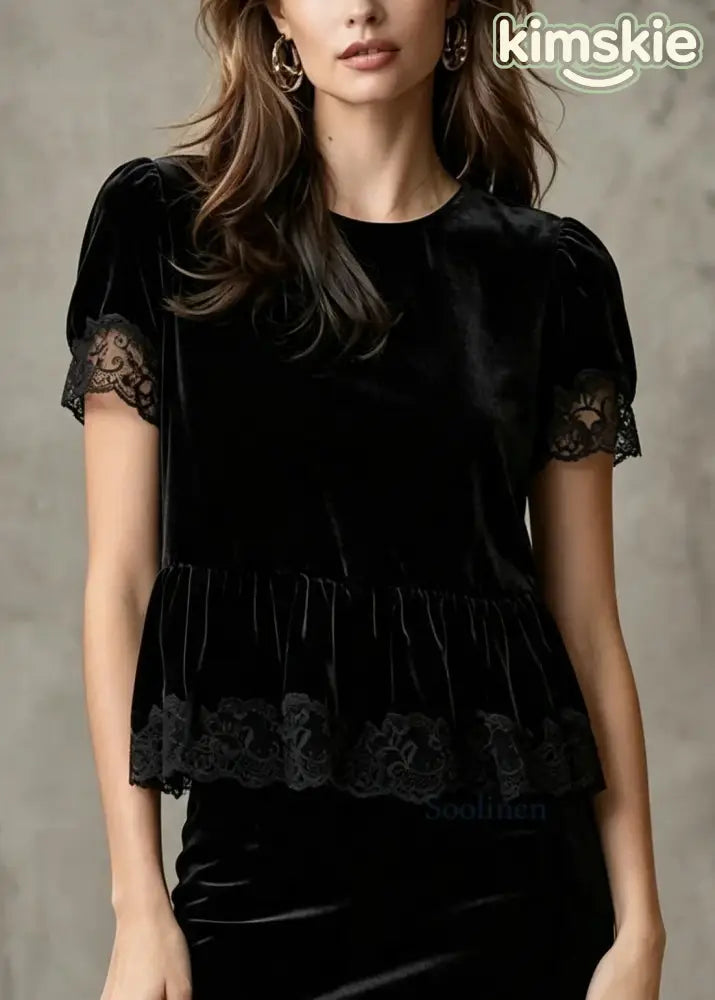 Organic Black Oversized Patchwork Silk Velour Blouses Summer