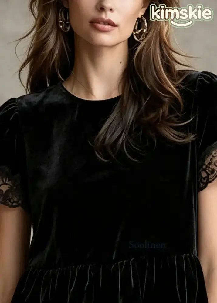 Organic Black Oversized Patchwork Silk Velour Blouses Summer