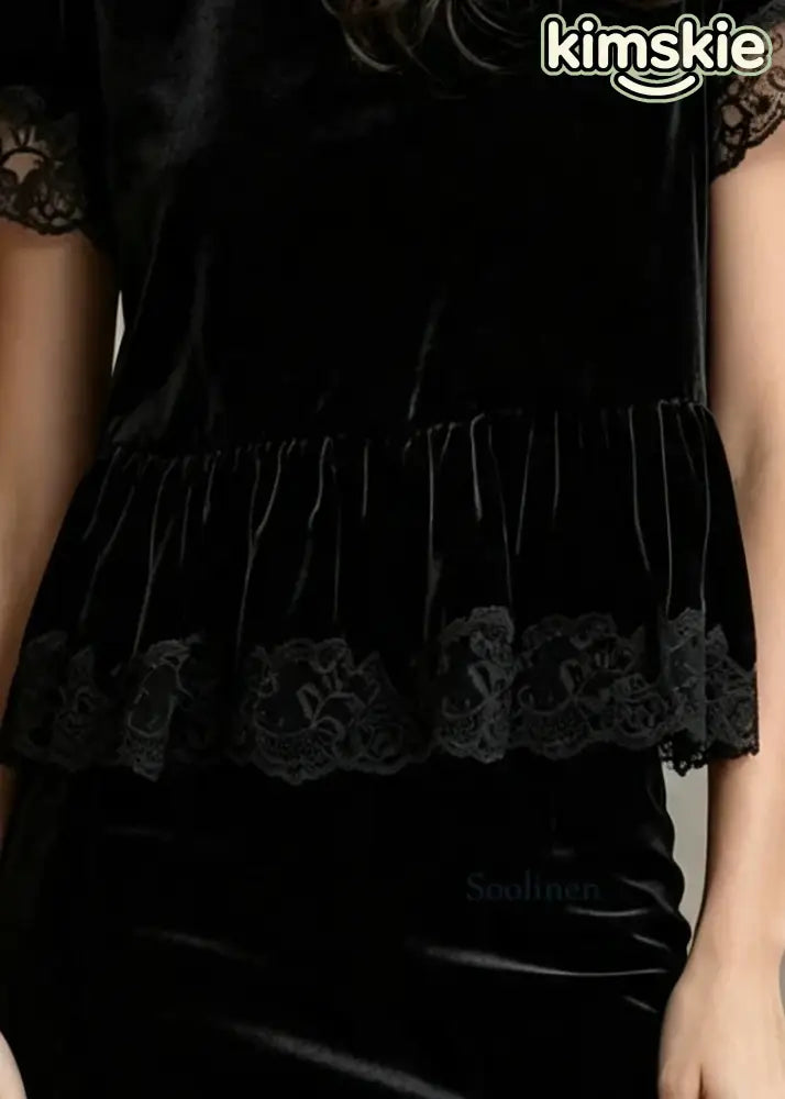 Organic Black Oversized Patchwork Silk Velour Blouses Summer