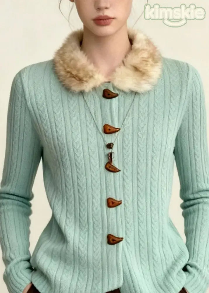 Plus Size Blue Fur Collar Thick Knit Sweaters Coat Fall