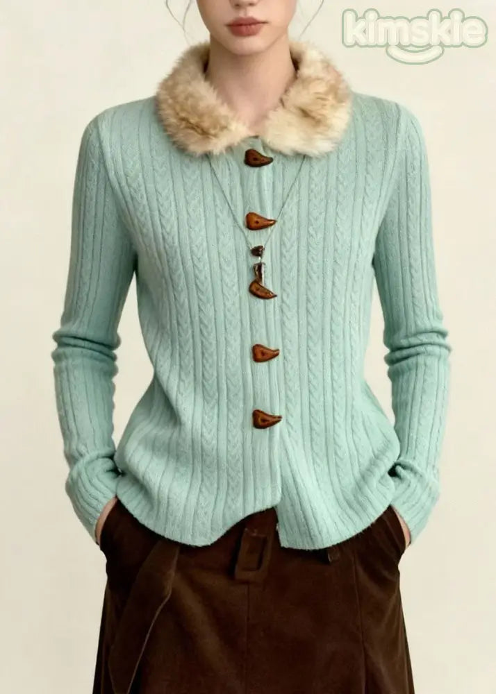 Plus Size Blue Fur Collar Thick Knit Sweaters Coat Fall