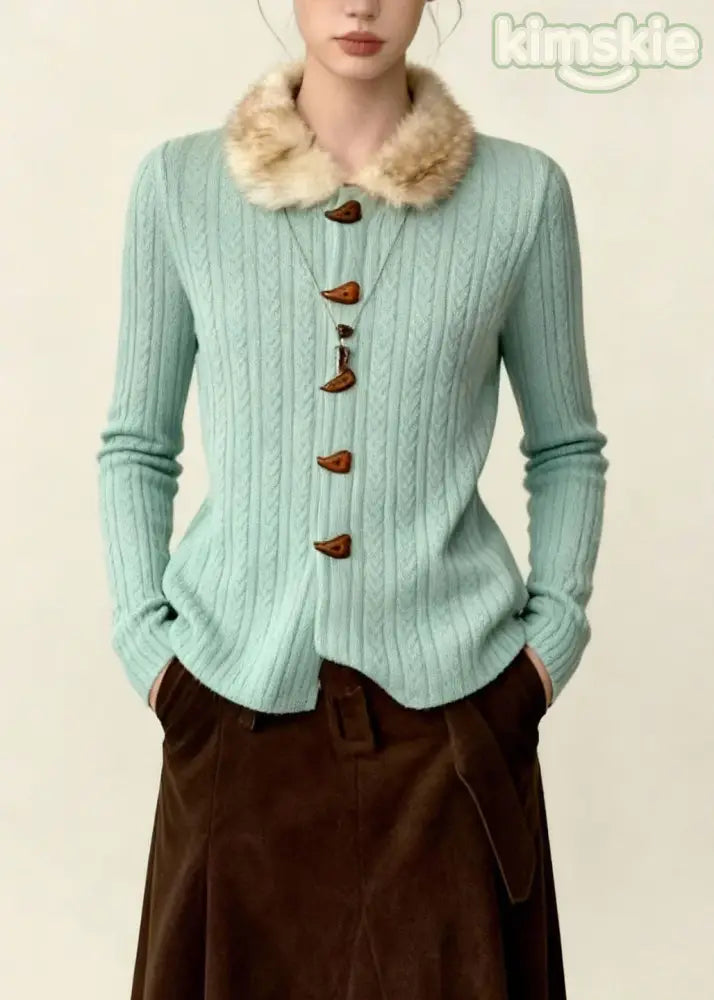 Plus Size Blue Fur Collar Thick Knit Sweaters Coat Fall