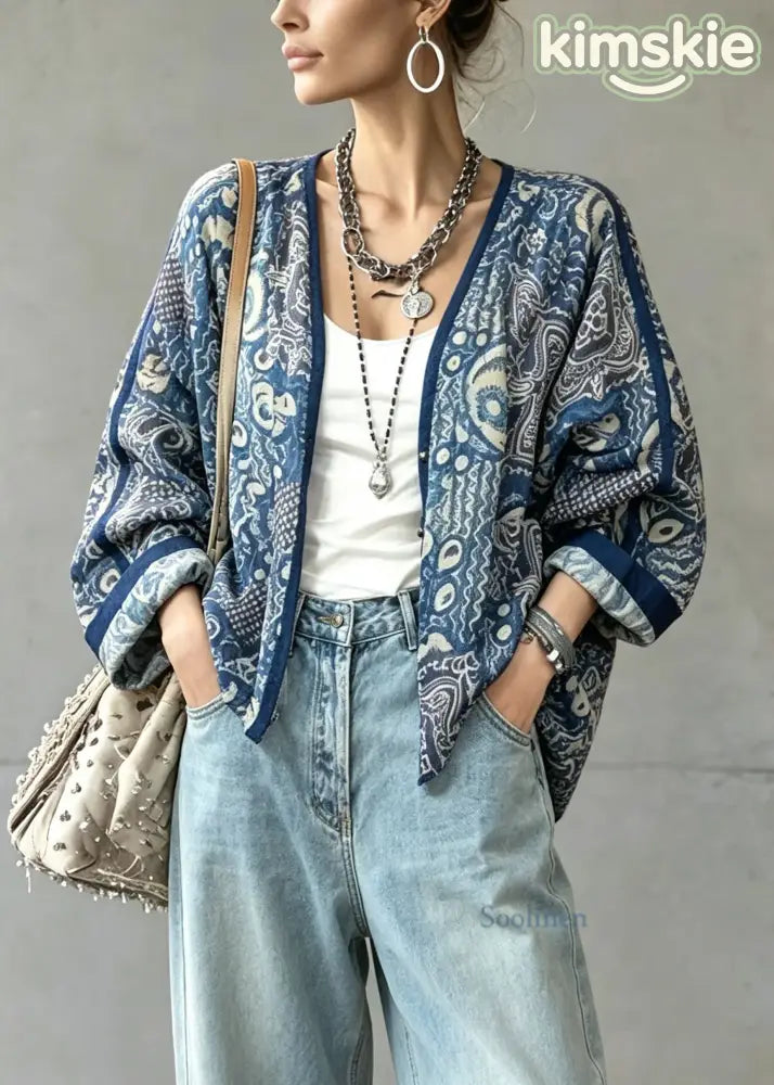 Plus Size Blue V Neck Tie Dye Linen Cardigans Lantern Sleeve