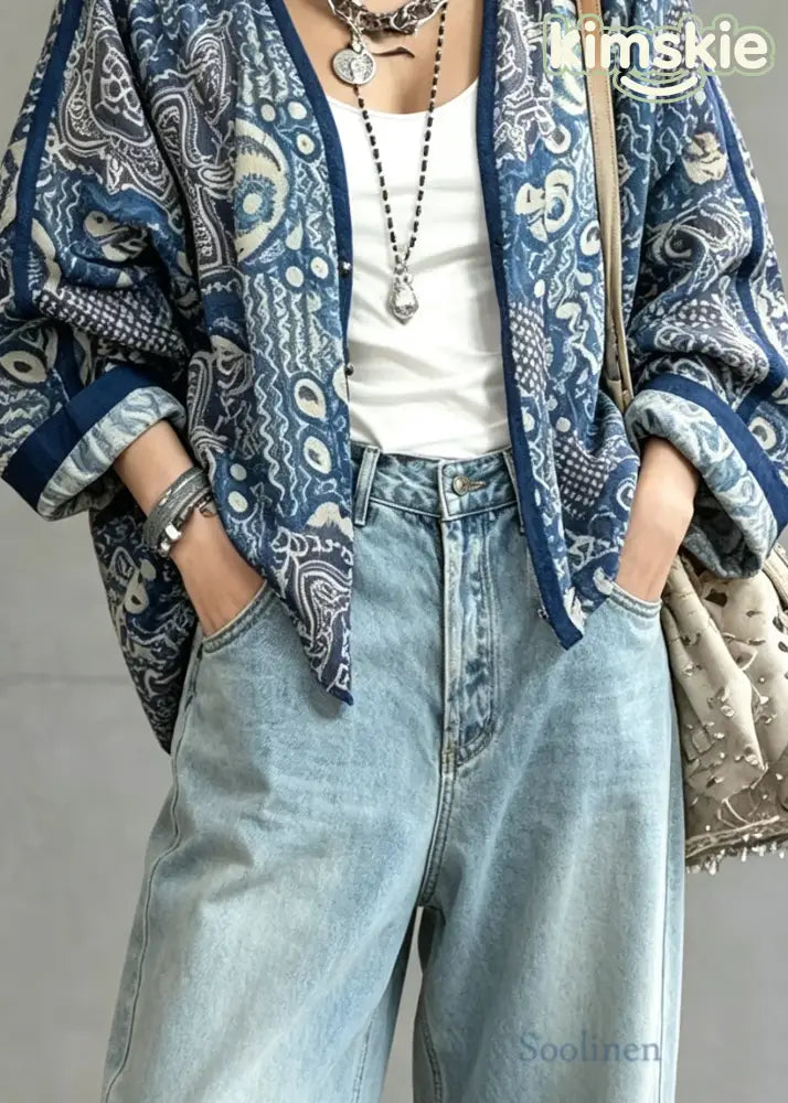 Plus Size Blue V Neck Tie Dye Linen Cardigans Lantern Sleeve