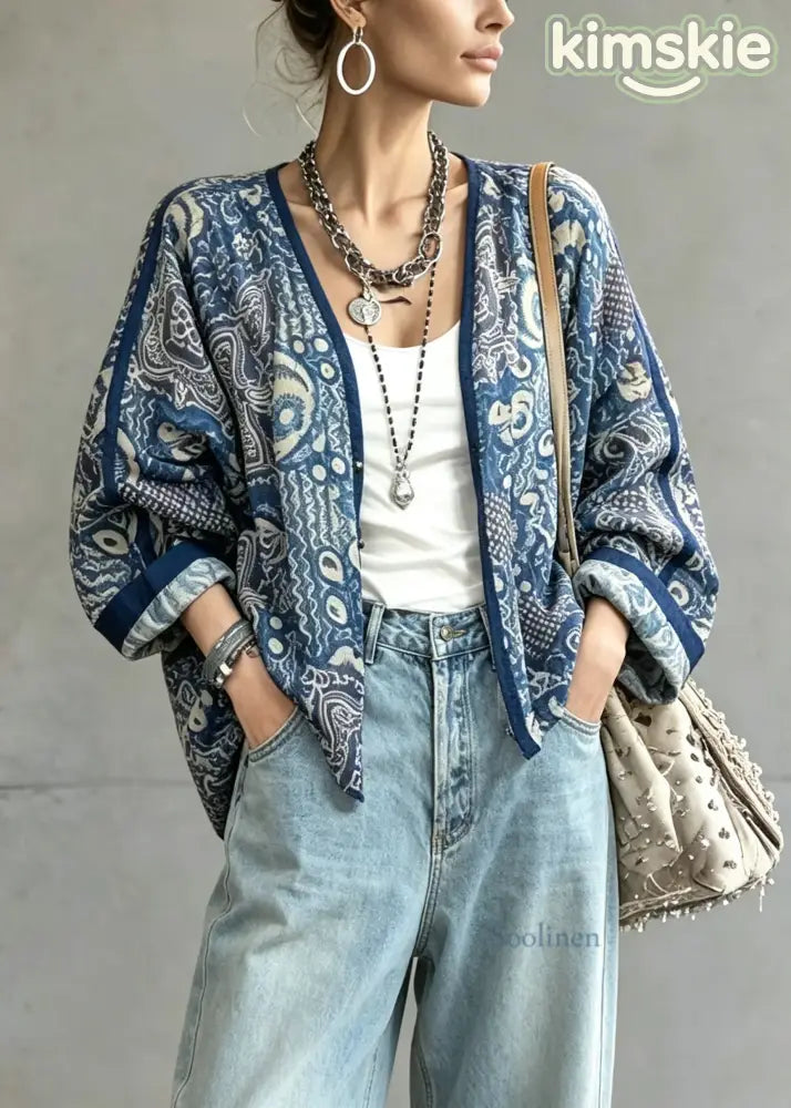 Plus Size Blue V Neck Tie Dye Linen Cardigans Lantern Sleeve