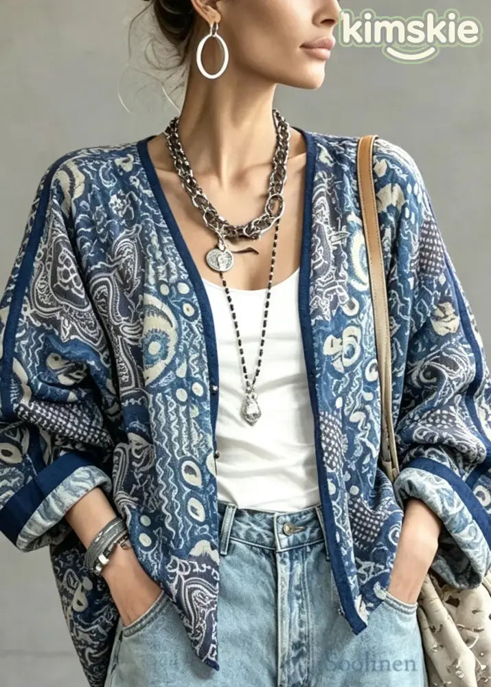 Plus Size Blue V Neck Tie Dye Linen Cardigans Lantern Sleeve