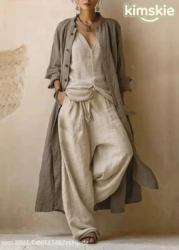 Plus Size Dark Brown O-Neck Cardigans Top And Wide Leg Pants Three Pieces Set Long Sleeve