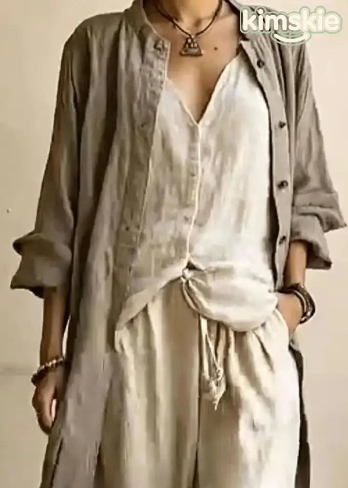 Plus Size Dark Brown O-Neck Cardigans Top And Wide Leg Pants Three Pieces Set Long Sleeve