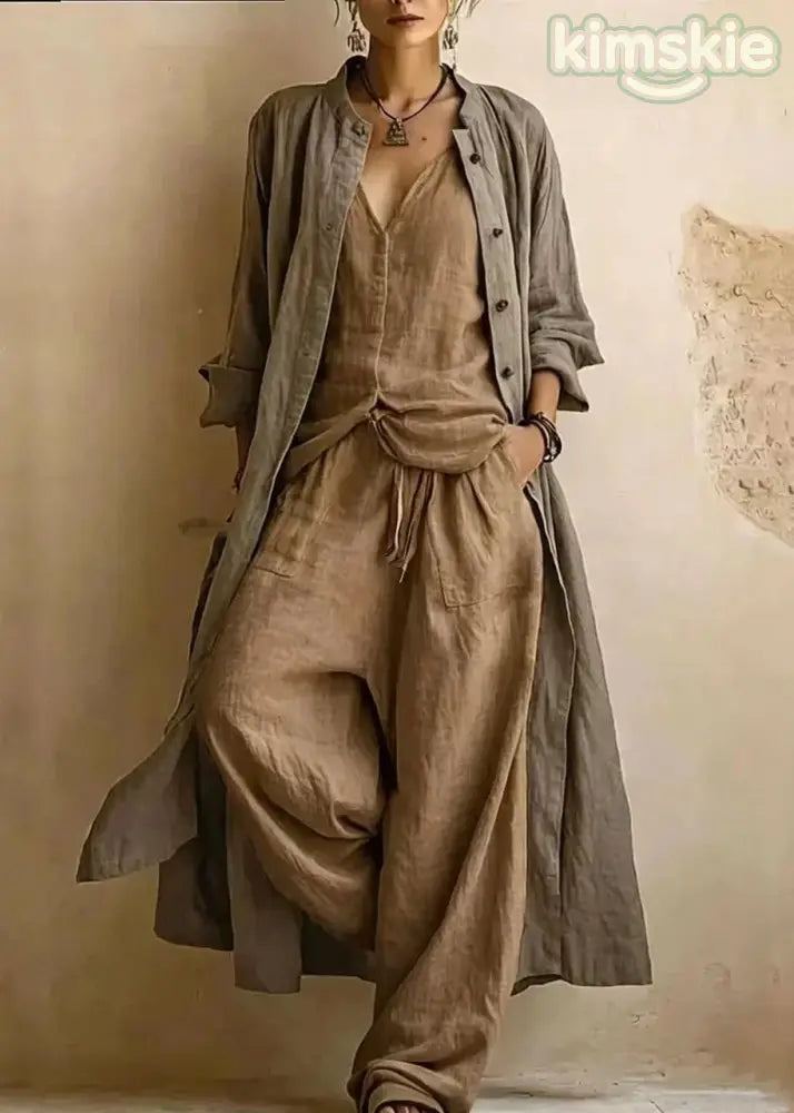 Plus Size Dark Brown O-Neck Cardigans Top And Wide Leg Pants Three Pieces Set Long Sleeve