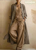 Plus Size Dark Brown O-Neck Cardigans Top And Wide Leg Pants Three Pieces Set Long Sleeve