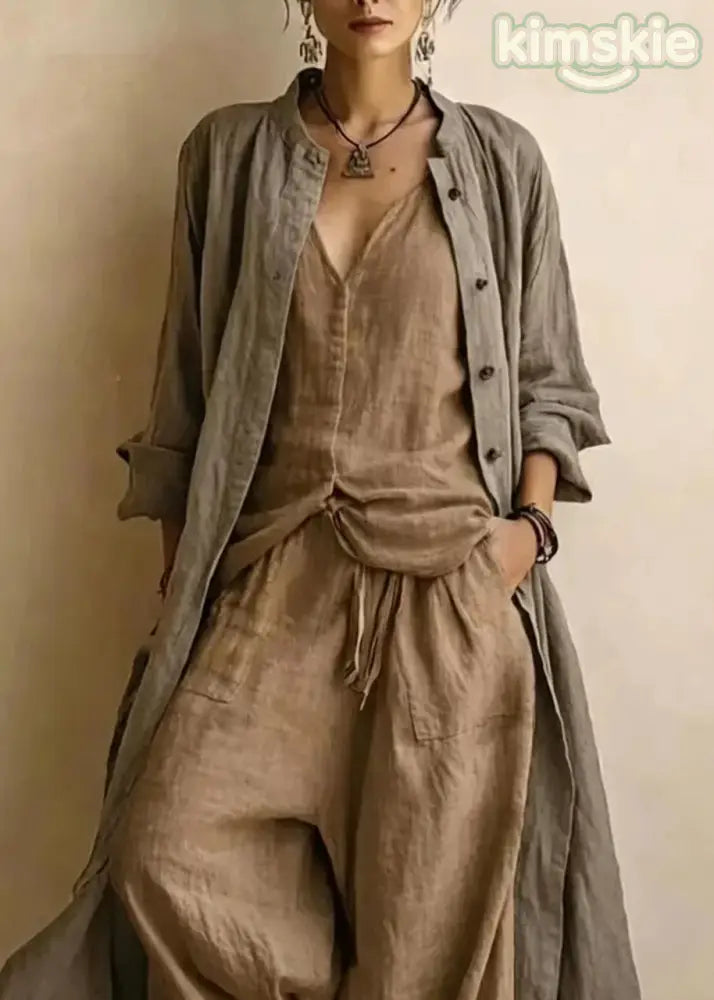 Plus Size Dark Brown O-Neck Cardigans Top And Wide Leg Pants Three Pieces Set Long Sleeve