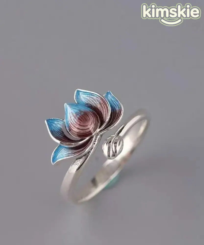 Retro Blue Sterling Silver Cloisonne Lotus Open Rings