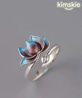 Retro Blue Sterling Silver Cloisonne Lotus Open Rings