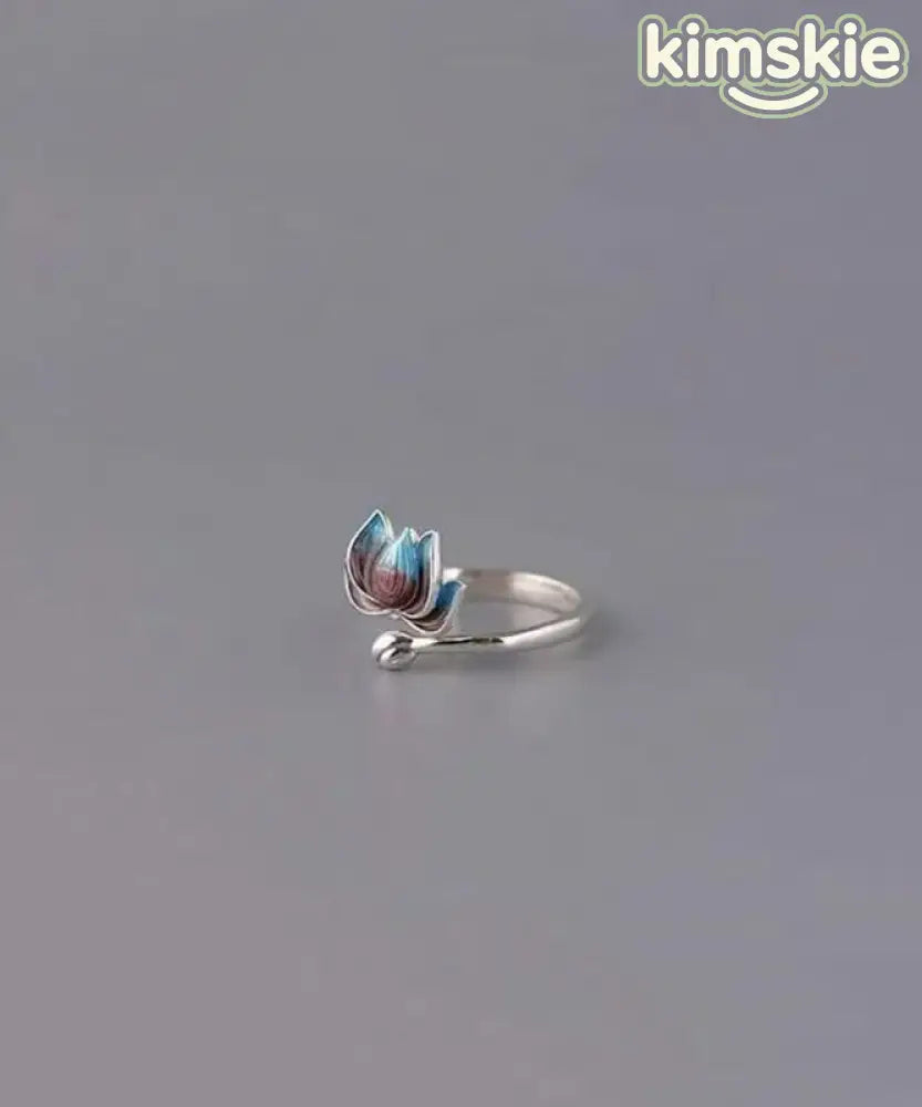 Retro Blue Sterling Silver Cloisonne Lotus Open Rings