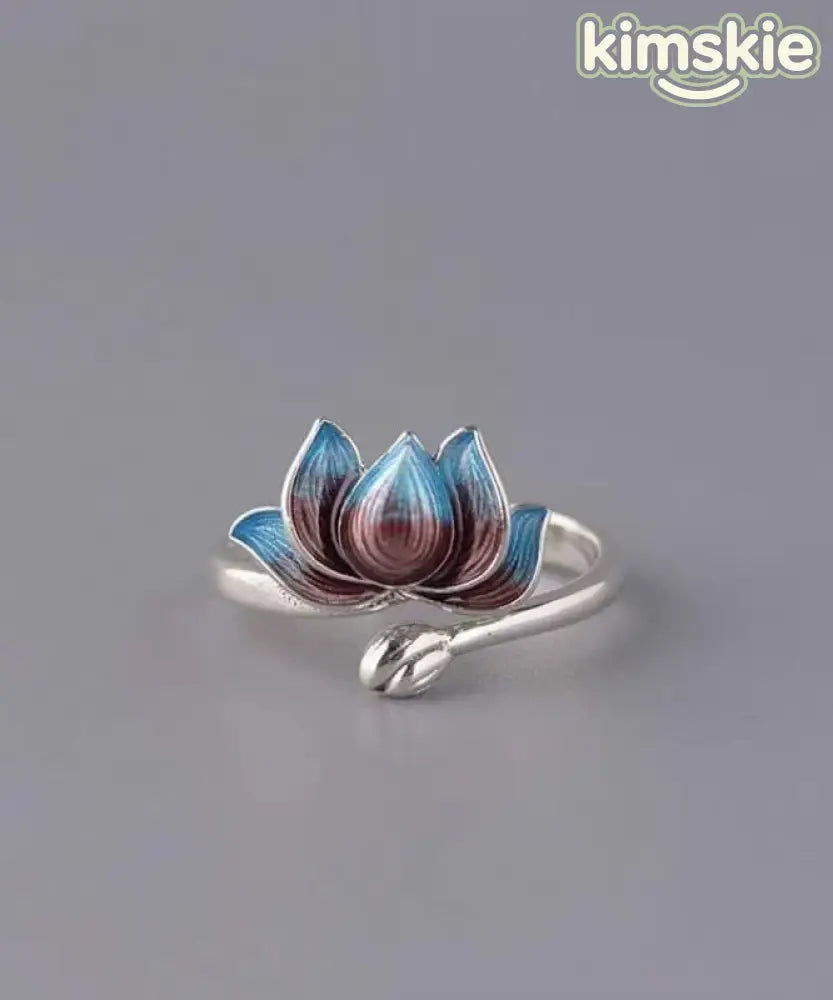 Retro Blue Sterling Silver Cloisonne Lotus Open Rings