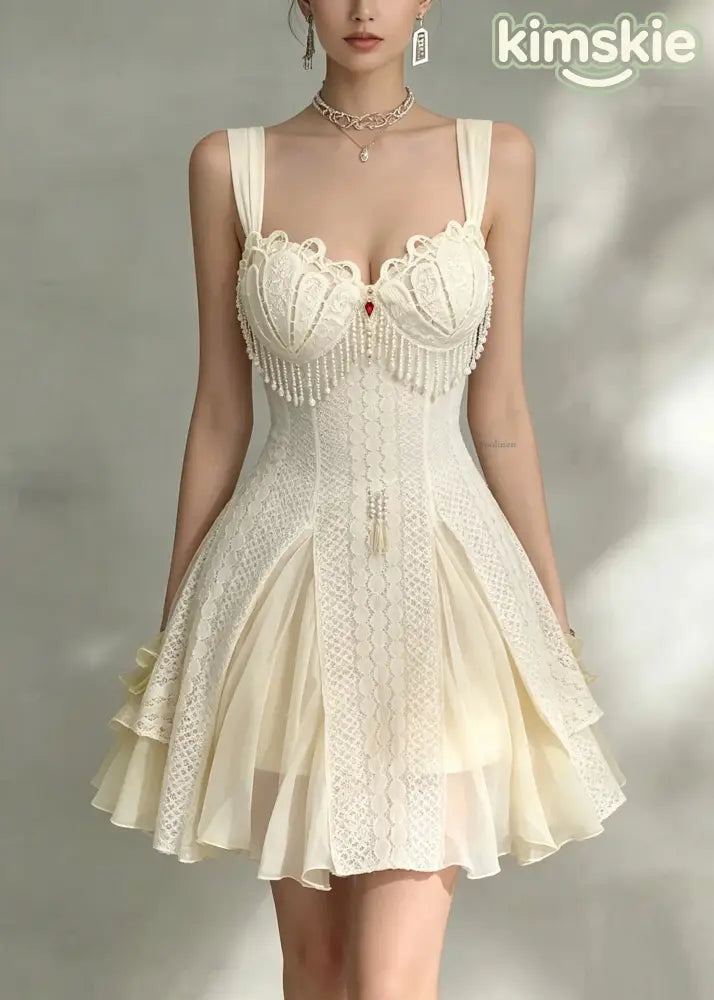Sexy Beige Tassel Patchwork Mid Spaghetti Strap Dress Sleeveless