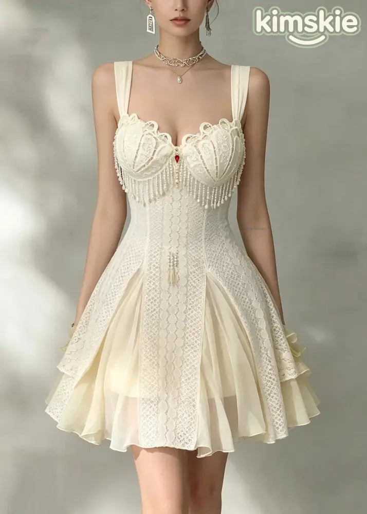 Sexy Beige Tassel Patchwork Mid Spaghetti Strap Dress Sleeveless